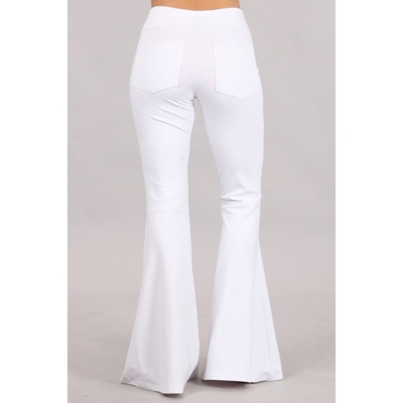 SOLD OUT White Stretch Bell Flared Ponte Pull On Tummy Control Casual Boho Pants - Picture 2 of 5